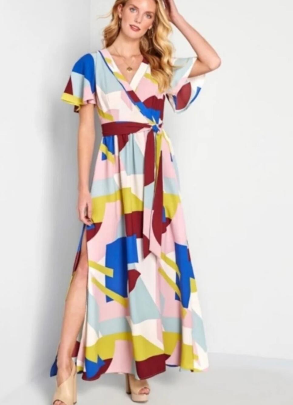 ModCloth Your Time To Shine Geometric Print ColorBlock Maxi Dress 14 Tie Waist